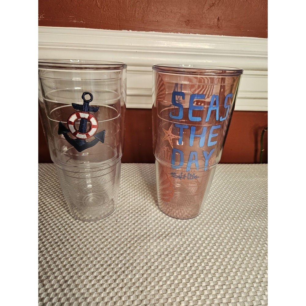 Lot of 2 Tervis Tumblers 24oz Coastal Nautical Anchor & Seas The Day No Lids